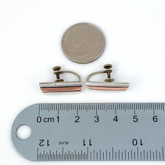 Copper Tri Panel Screw Back Earrings | Vintage Estate Sterling Silver 925 - Picture 11 of 11